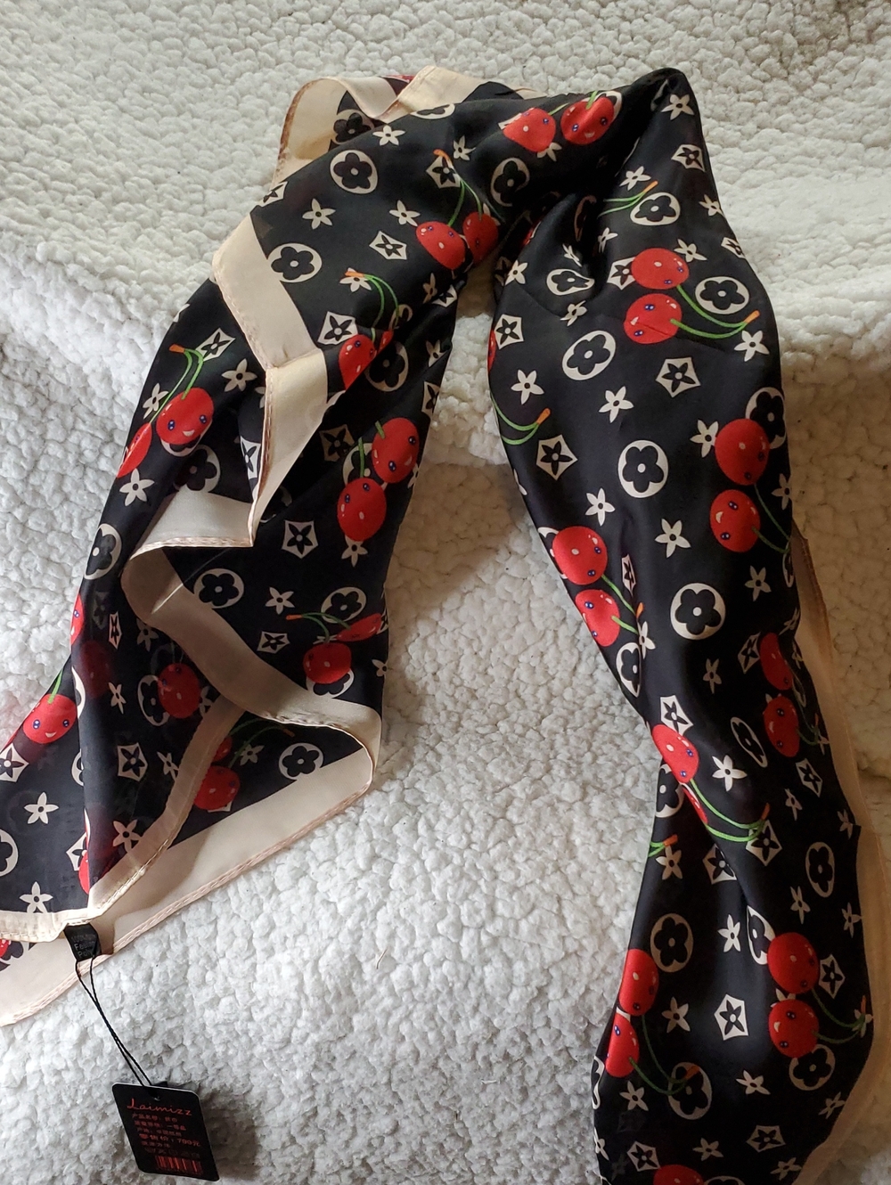 CC Boutique Black Cherry Print Silk Scarf with Cream Border